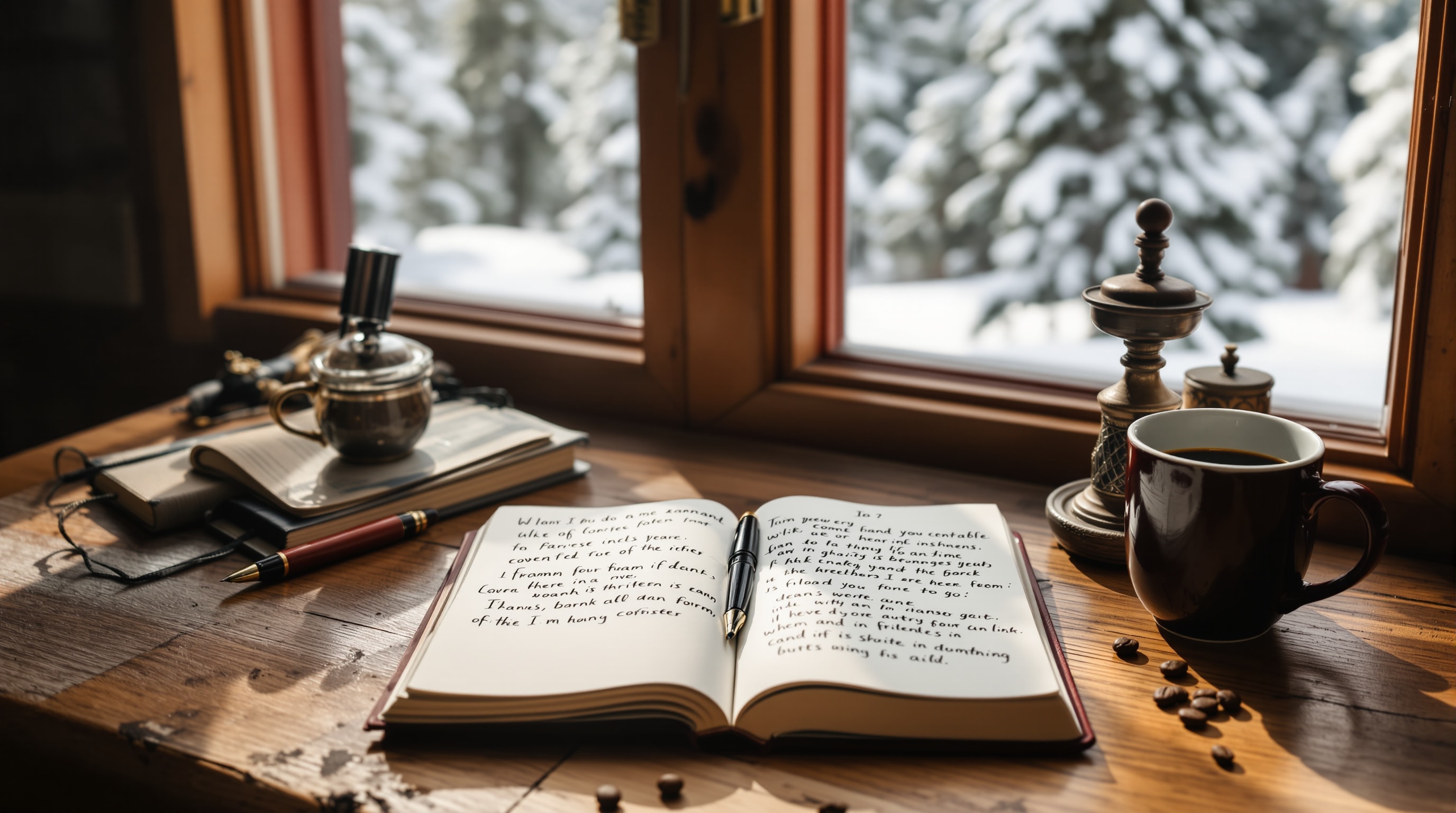 A notebook, hand grinder and mug of coffee on a wooden desk by a snowy cabin window