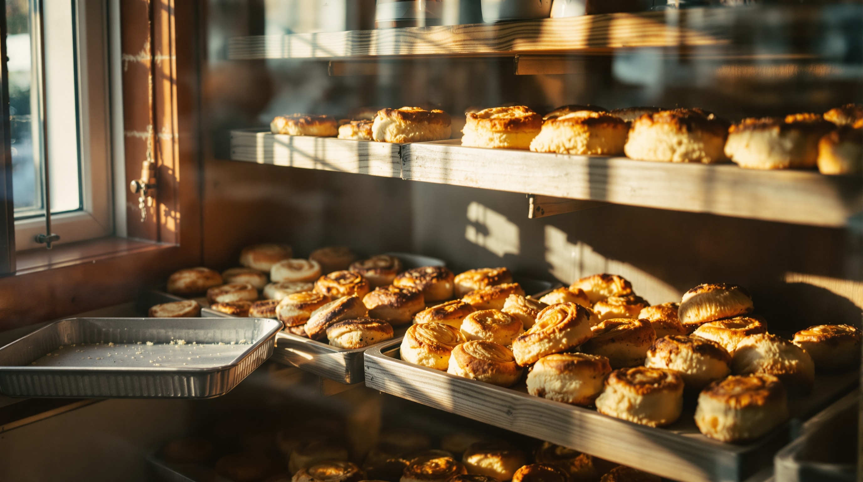Trays of hand-shaped scones, muffins and cinnamon rolls in a rustic cafe pastry case