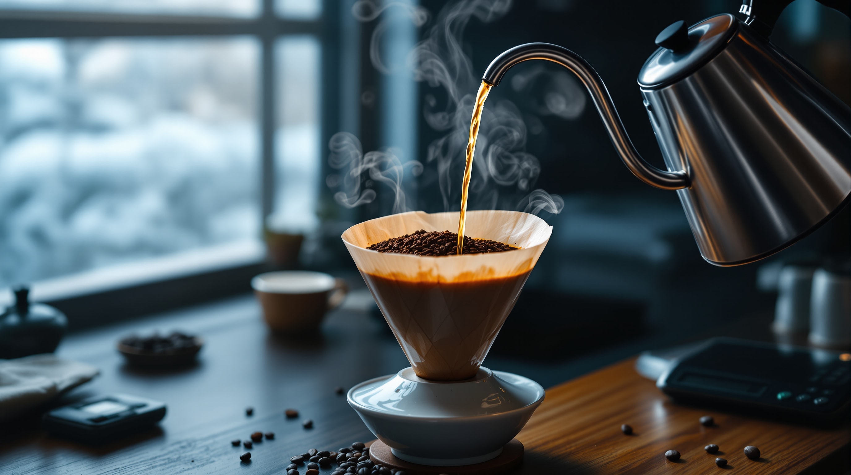 A gooseneck kettle pouring over blooming coffee grounds in a ceramic pour-over cone