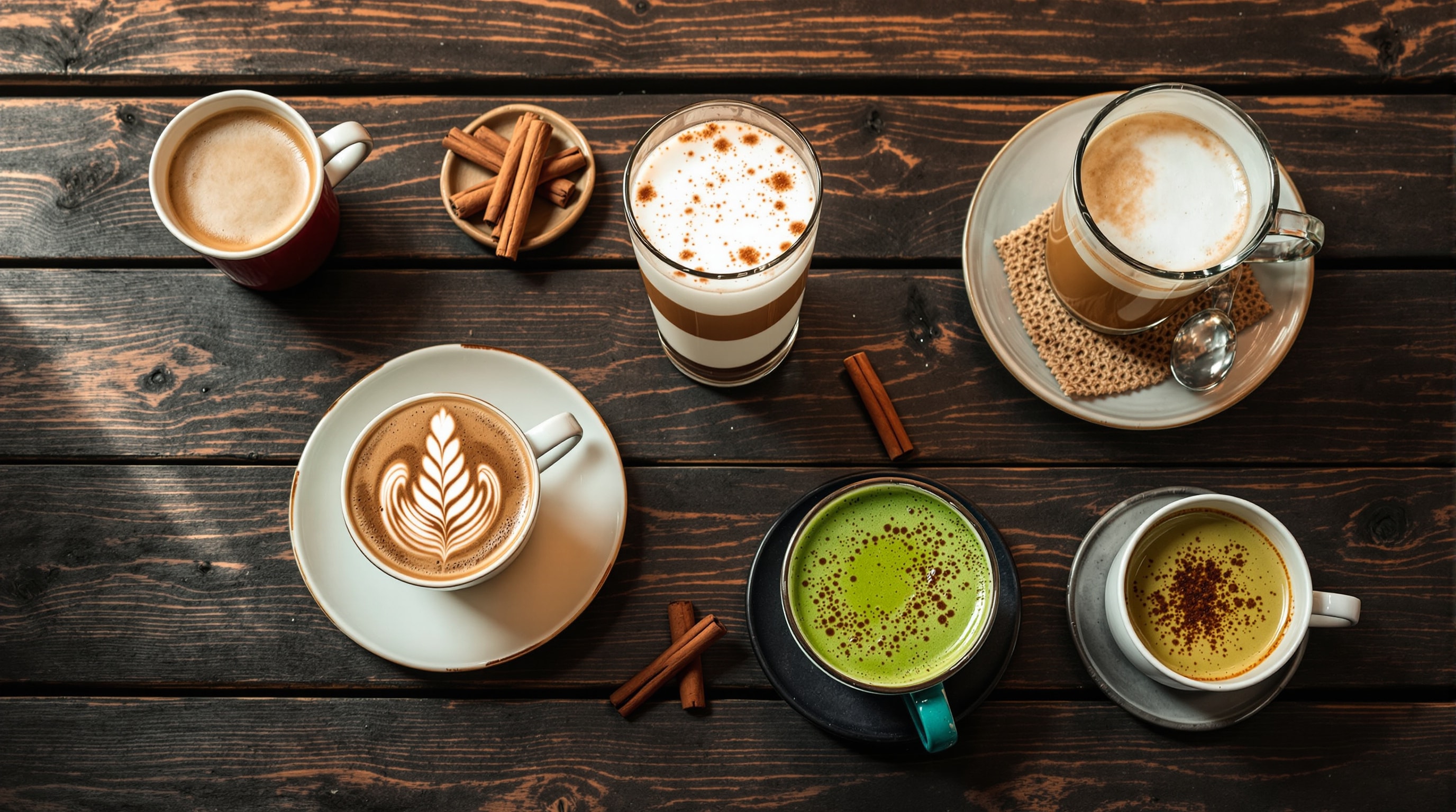 Overhead view of six different cafe drinks in mismatched ceramic cups on dark wood