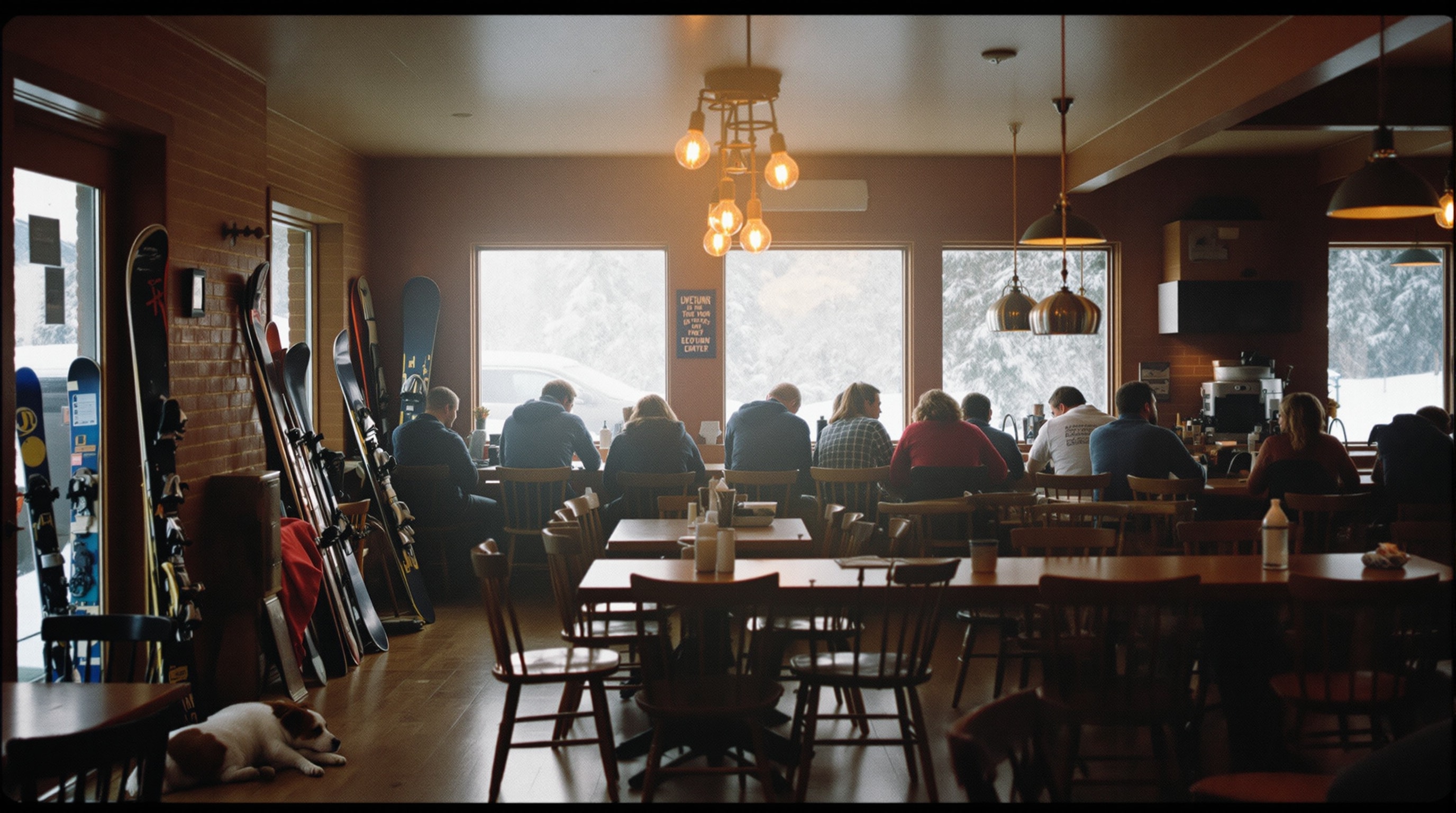Interior of a busy mountain-town coffee house on a winter morning with skis by the door