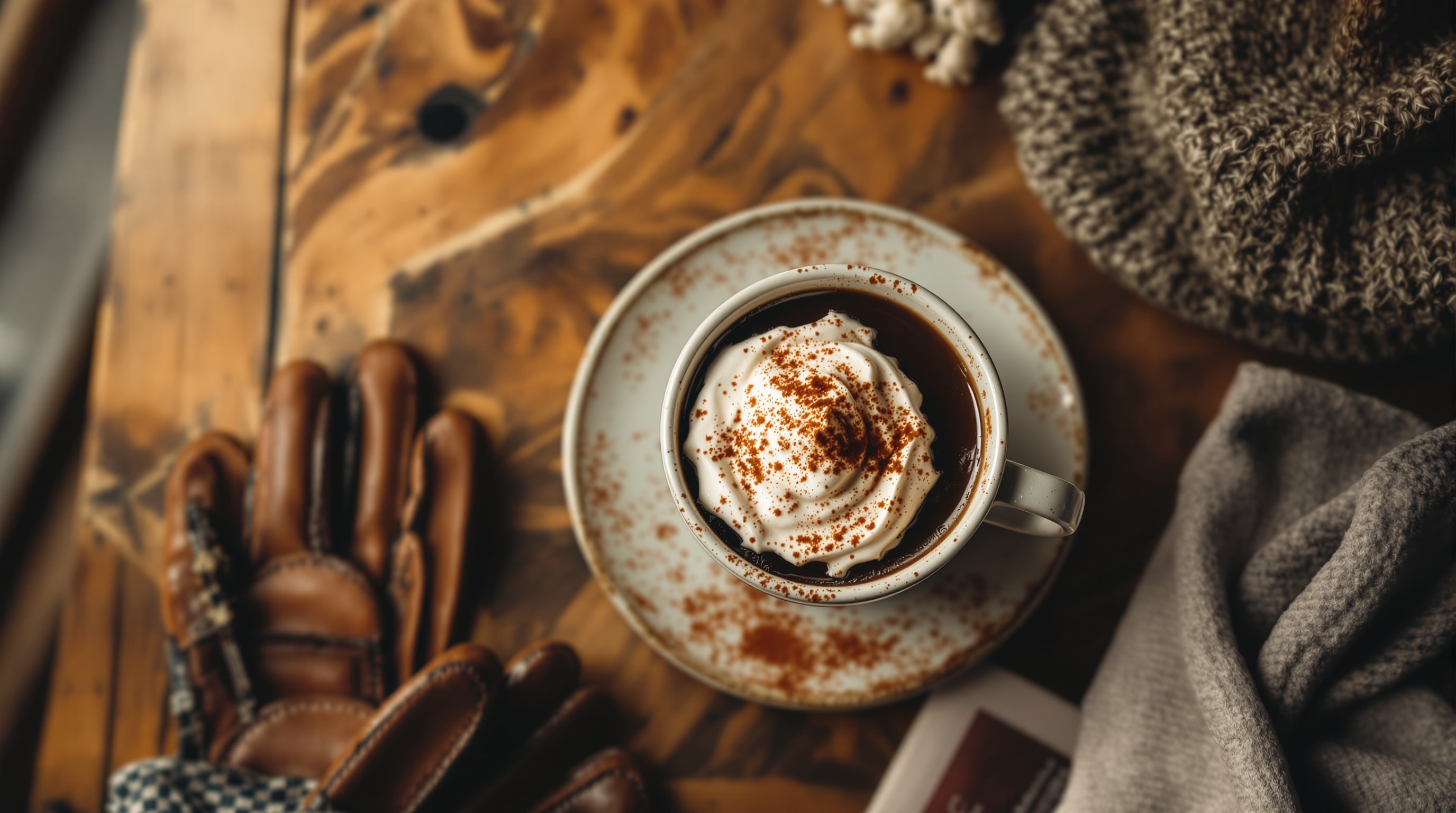 A wide ceramic bowl mug of coffee on a worn wooden cafe counter beside winter gloves