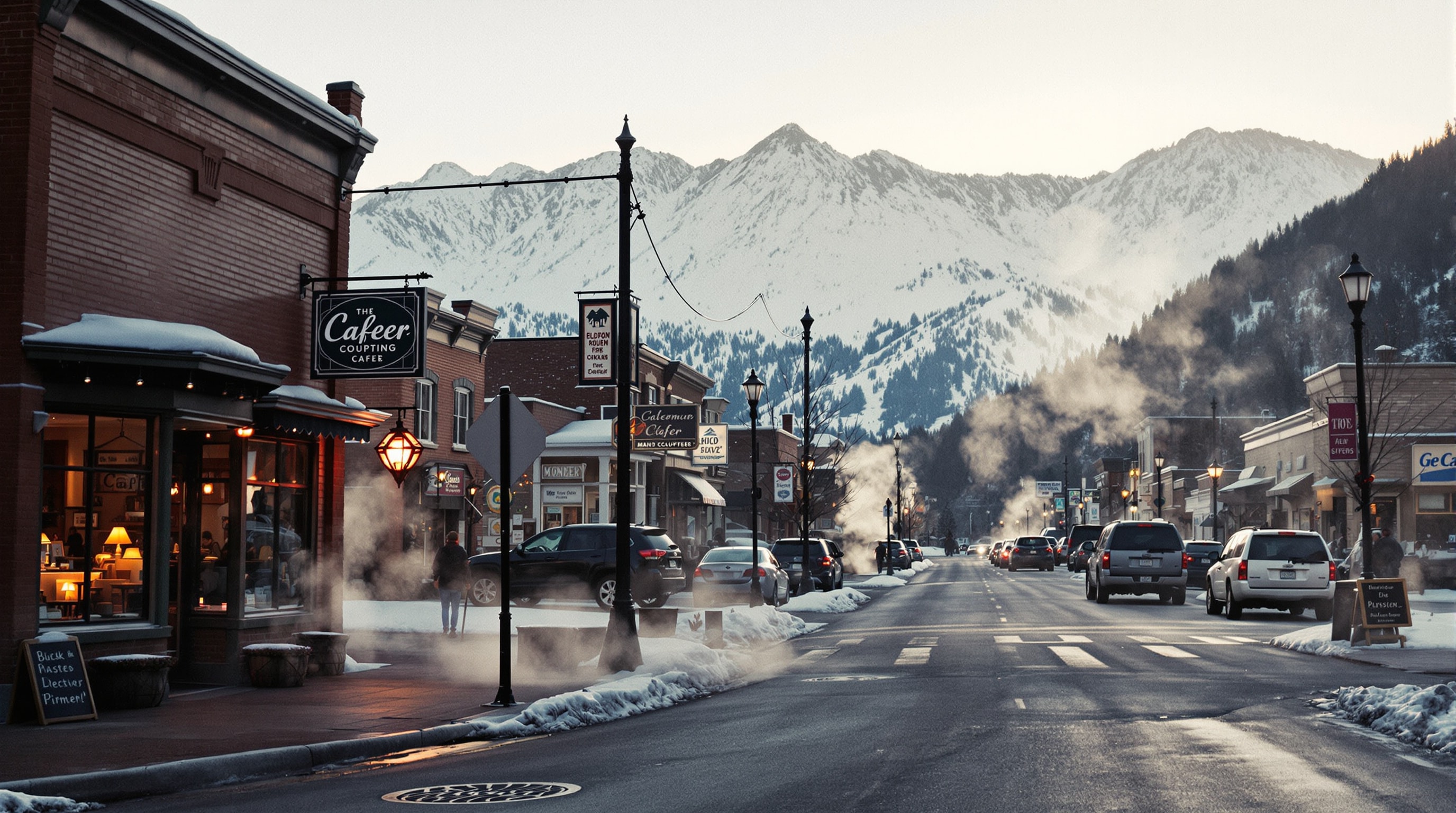 Sunrise on a mountain-town main street with snow-covered peaks behind lit storefronts