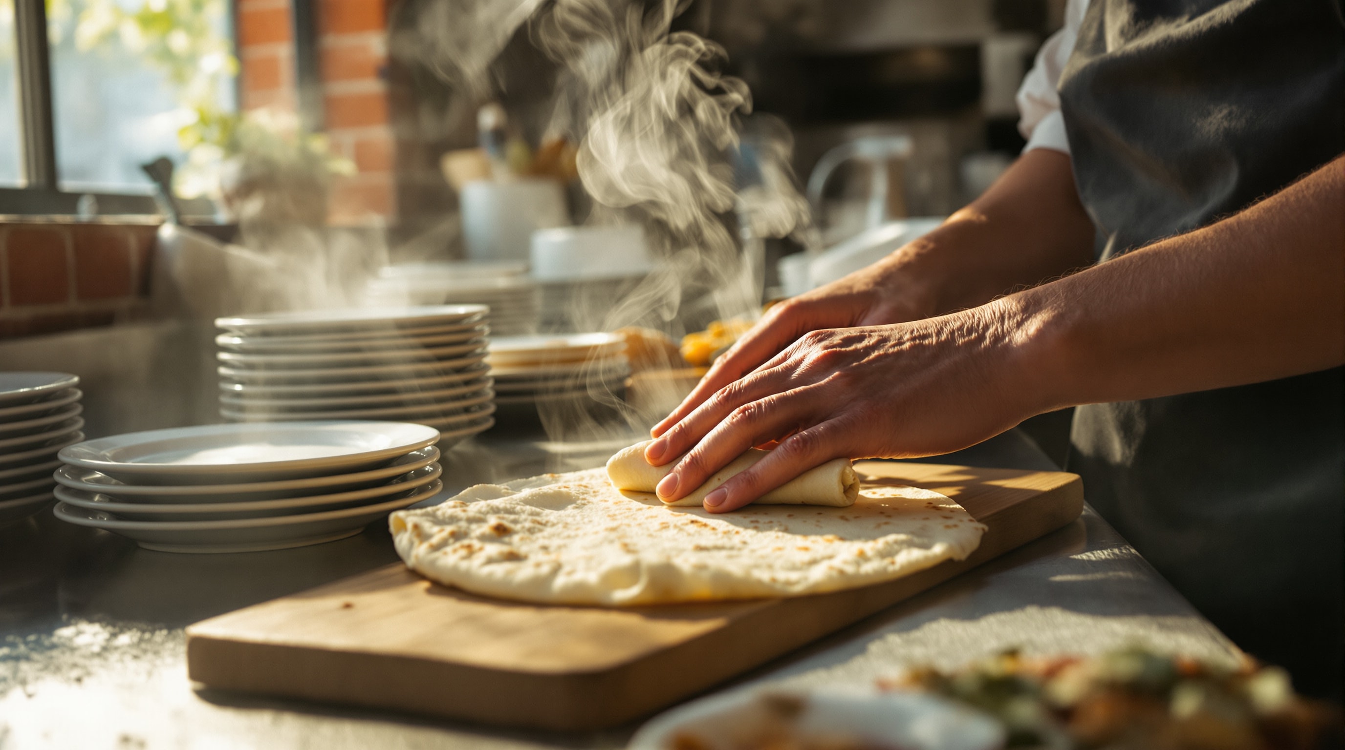 A cook's hands folding a breakfast burrito on a small cafe kitchen line during the morning rush