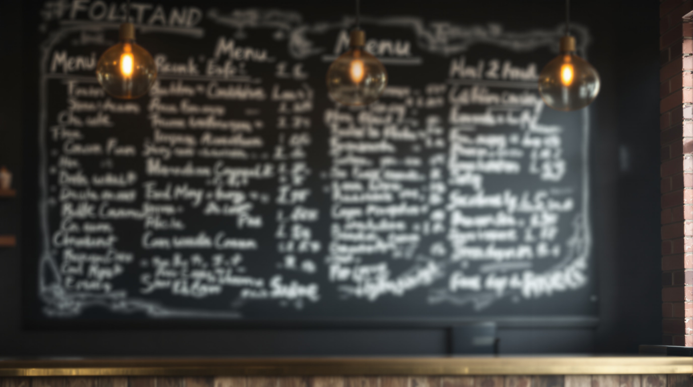 A chalkboard menu panel above a rustic cafe counter lit by warm pendant bulbs