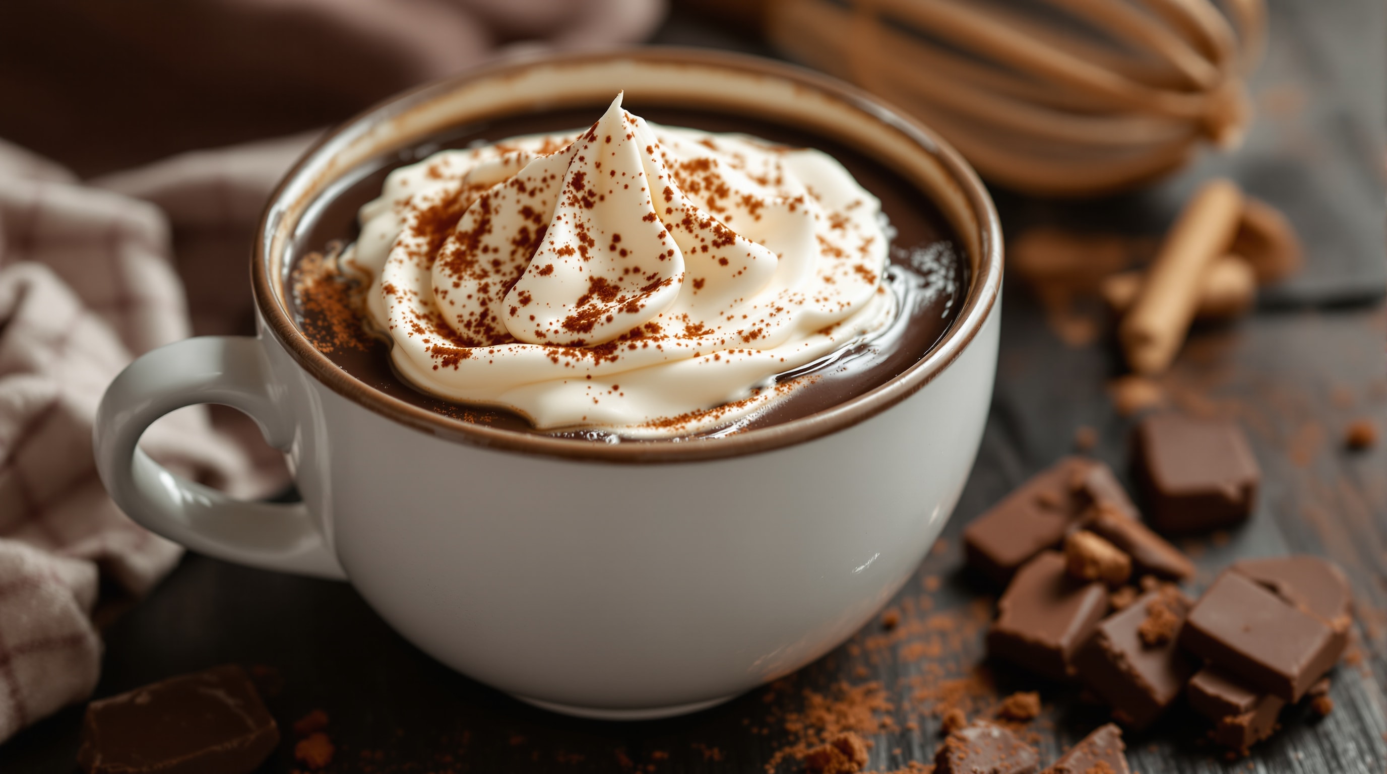 A wide bowl mug of Mexican-chocolate mocha topped with whipped cream and cinnamon
