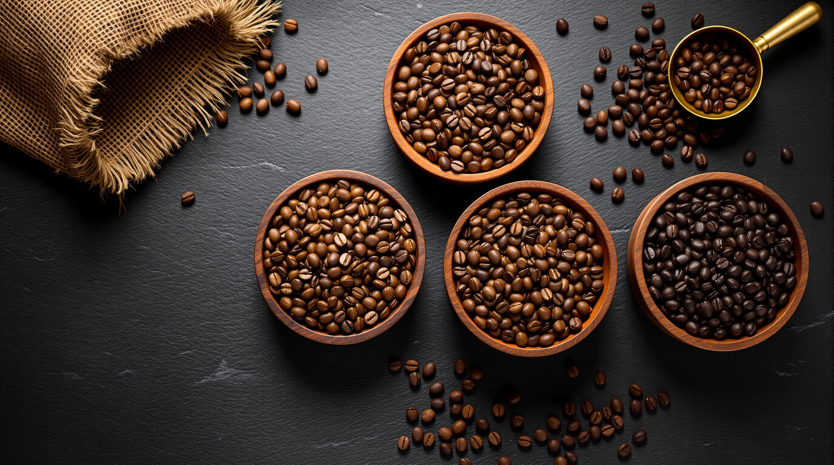Four bowls of whole coffee beans showing light to dark roast levels on a dark slate surface