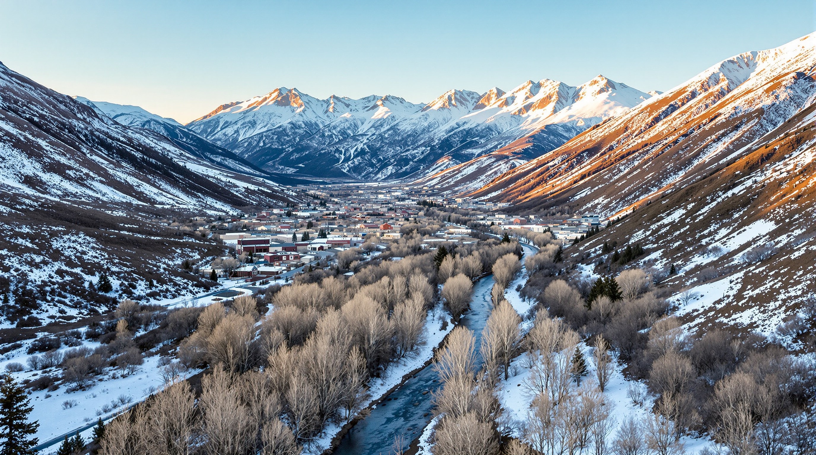 A long mountain valley in central Idaho in early winter with a small town in the middle distance