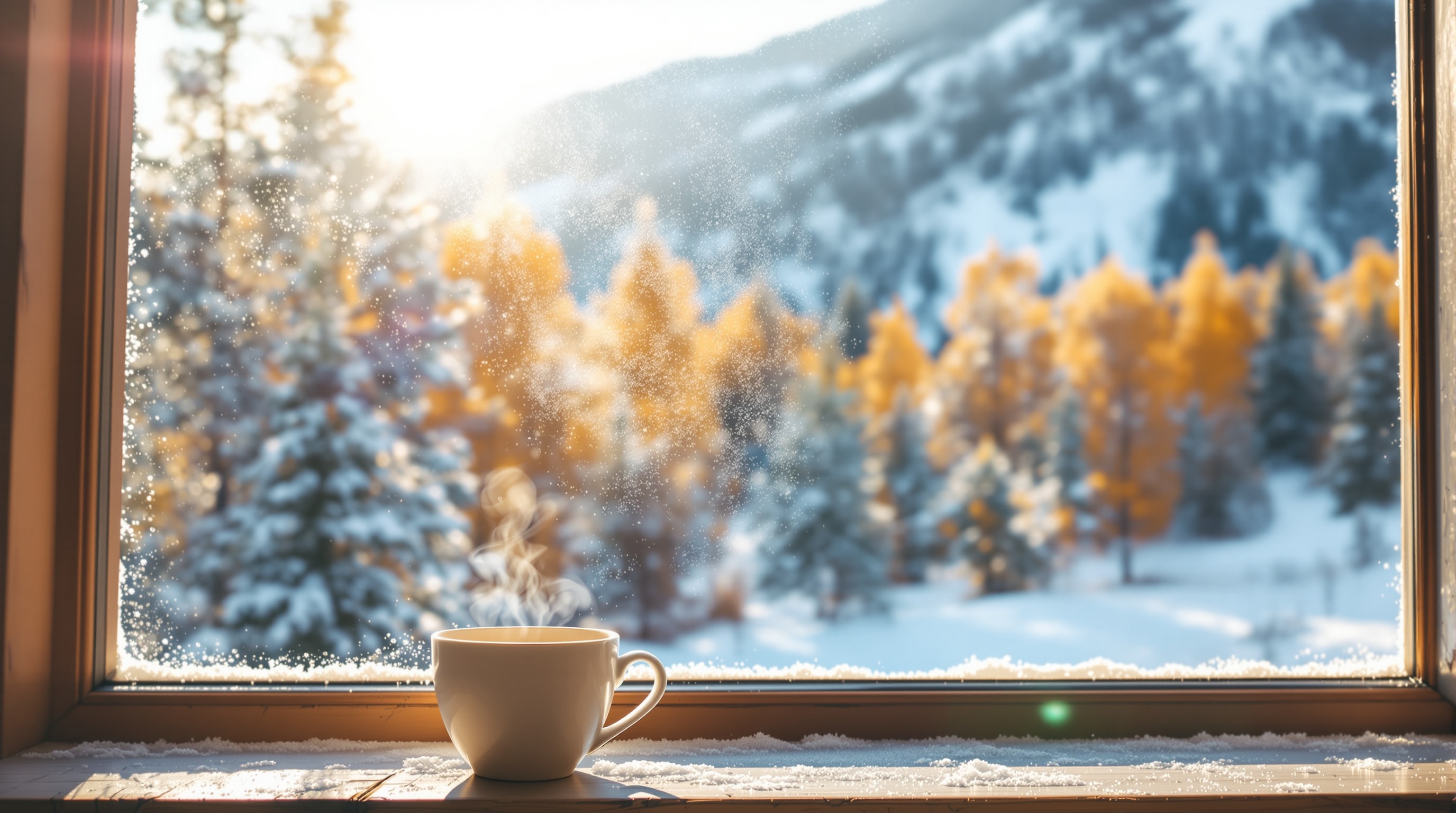 A steaming mug on a frosted cafe windowsill with autumn trees and a snowy slope outside